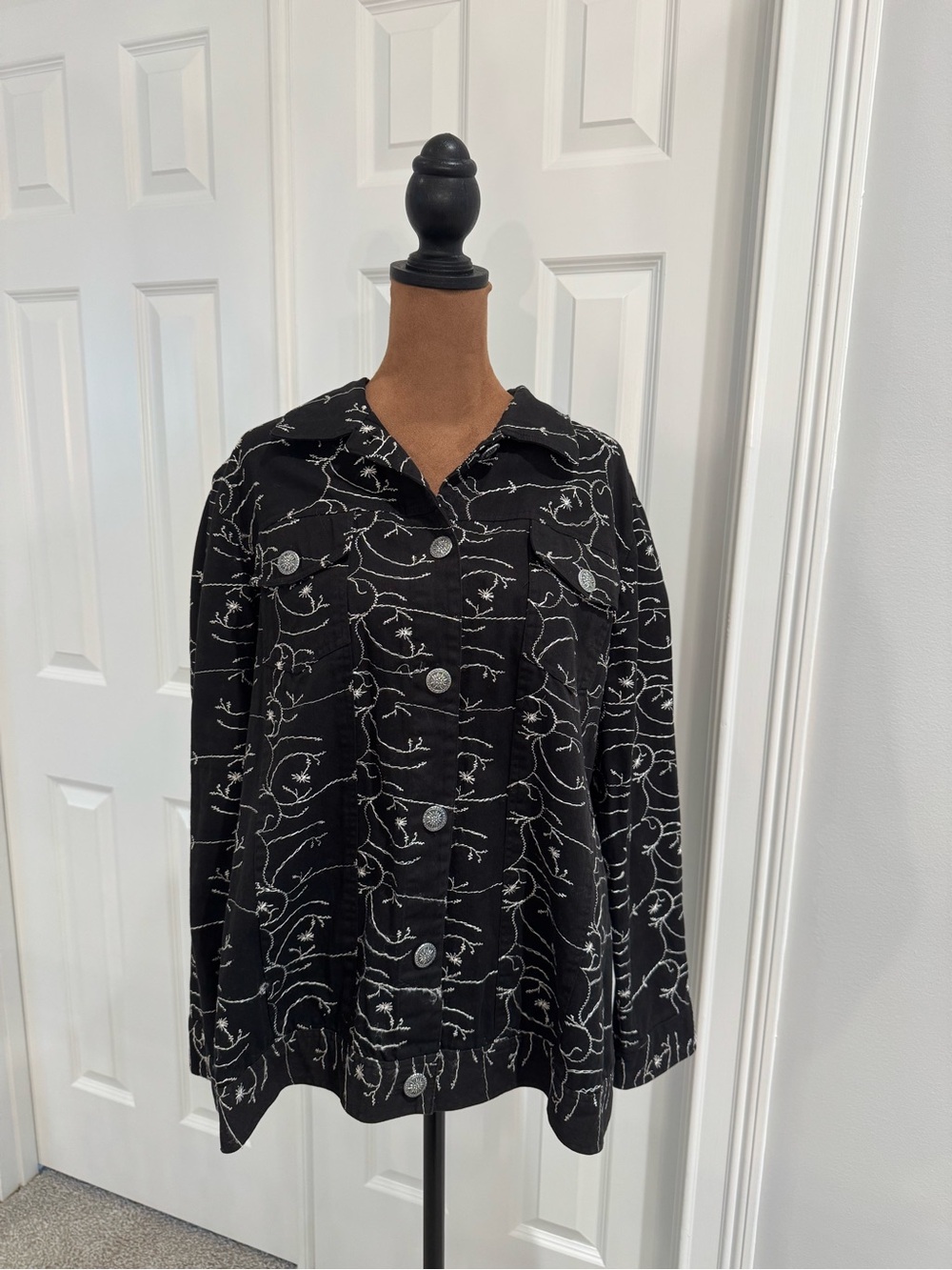 CJ Banks Black Jacket with Ivory Floral Stitching